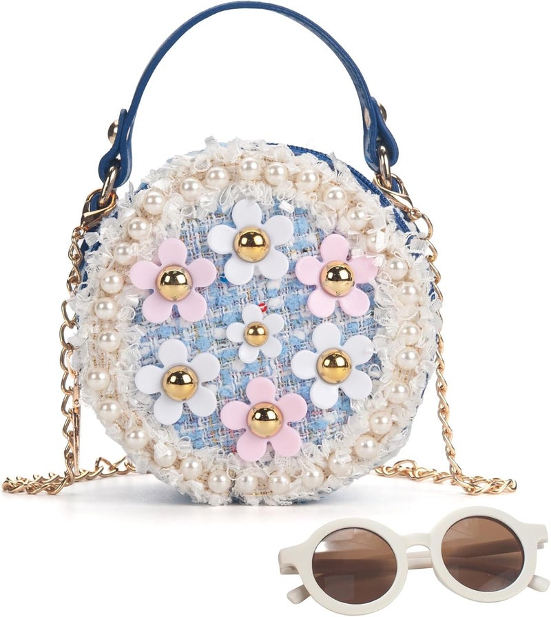 LABJULY Kids Purse for Girls Age 1-14, Flower Purse for Kids, Blue Toddler Wallet with Round Glasses, Cute Girls Handbag, Toddler Crossbody Bag Gift for Christmas - Image 1